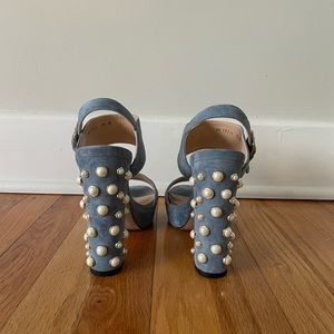 Stuart Weitzman blue suede pearl block heel sandals
